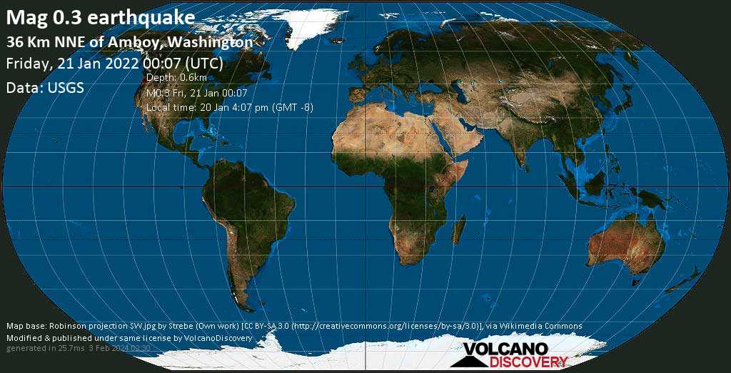 Μικρός σεισμός μεγέθους 0.3 - 36 Km NNE of Amboy, Washington, Πέμπτη, 20 Ιαν 2022 16:07 (GMT -8)