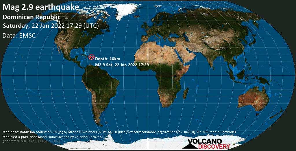 Weak mag. 2.9 earthquake - Provincia Maria Trinidad Sanchez, 125 km north of Santo Domingo, Dominican Republic, on Saturday, Jan 22, 2022 at 1:29 pm (GMT -4)