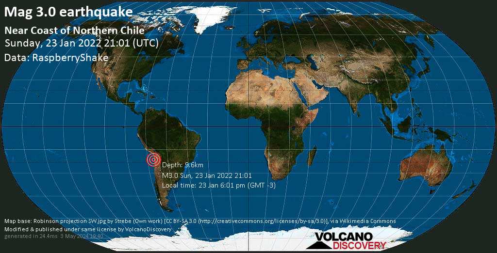 Light mag. 3.0 earthquake - South Pacific Ocean, Chile, on Sunday, Jan 23, 2022 at 6:01 pm (GMT -3)