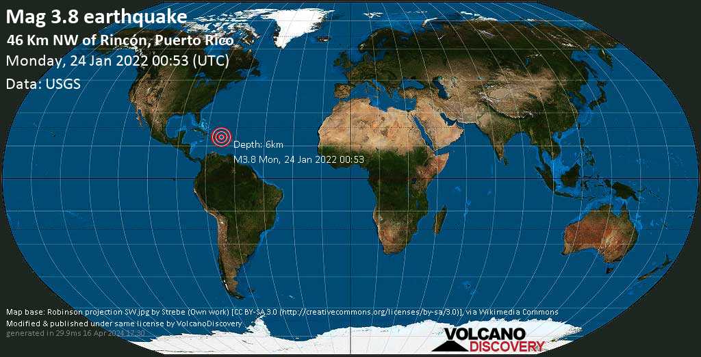 Moderate mag. 3.8 earthquake - North Atlantic Ocean, 150 km west of San Juan, Puerto Rico, on Sunday, Jan 23, 2022 at 8:53 pm (GMT -4)