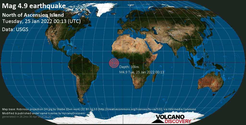Moderate mag. 4.9 earthquake - South Atlantic Ocean on Monday, Jan 24, 2022 at 11:13 pm (GMT -1)