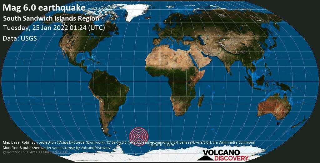 Очень сильное землетрясение магнитудой 6.0 - South Atlantic Ocean, Южная Георгия и Южные Сандвичевы о-ва, Понедельник, 24 янв 2022 23:24 (GMT -2)