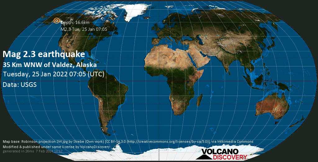 Minor mag. 2.3 earthquake - 35 Km WNW of Valdez, Alaska, on Monday, Jan 24, 2022 at 10:05 pm (GMT -9)