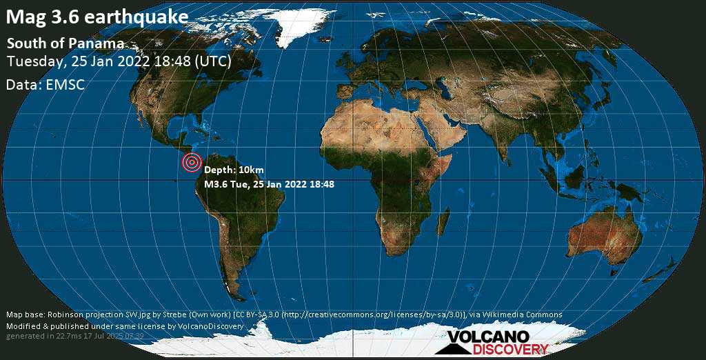 Light mag. 3.3 earthquake - North Pacific Ocean, Panama, on Tuesday, Jan 25, 2022 at 1:48 pm (GMT -5)