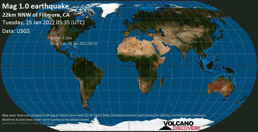 Minor mag. 1.0 earthquake - 22km NNW of Fillmore, CA, on Monday, Jan 24, 2022 at 9:35 pm (GMT -8)