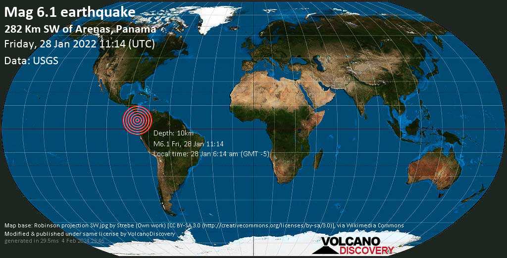 Very strong mag. 6.1 earthquake - North Pacific Ocean, Panama, on Friday, Jan 28, 2022 at 6:14 am (GMT -5)