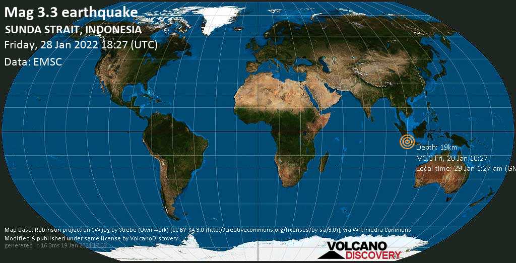 Leichtes Erdbeben der Stärke 3.3 - Indischer Ozean, 266 km westlich von Jakarta, Indonesien, am Samstag, 29. Jan 2022 um 01:27 Lokalzeit