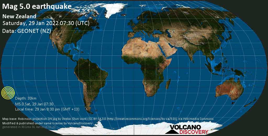 Μέτριος σεισμός μεγέθους 5.0 - South Pacific Ocean, Νέα Ζηλανδία, Σάββατο, 29 Ιαν 2022 20:30 (GMT +13)