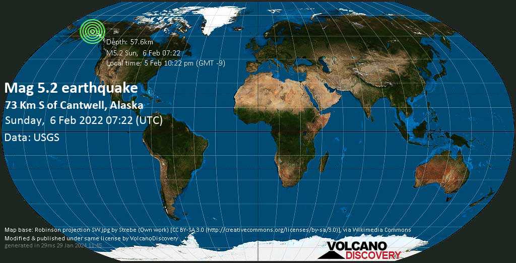 Terremoto moderato mag. 5.2 - 181 km a nord da Alaska City, Anchorage, Alaska, Stati Uniti, sabato,  5 feb 2022 22:22 (GMT -9)