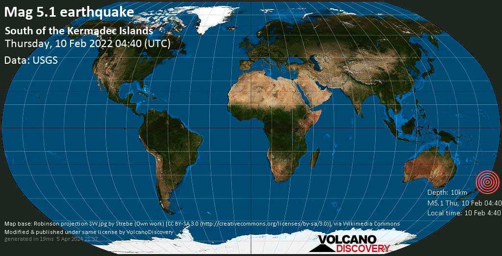 Starkes Beben der Stärke 5.1 - South Pacific Ocean, am Mittwoch,  9. Feb 2022 um 16:40 Lokalzeit