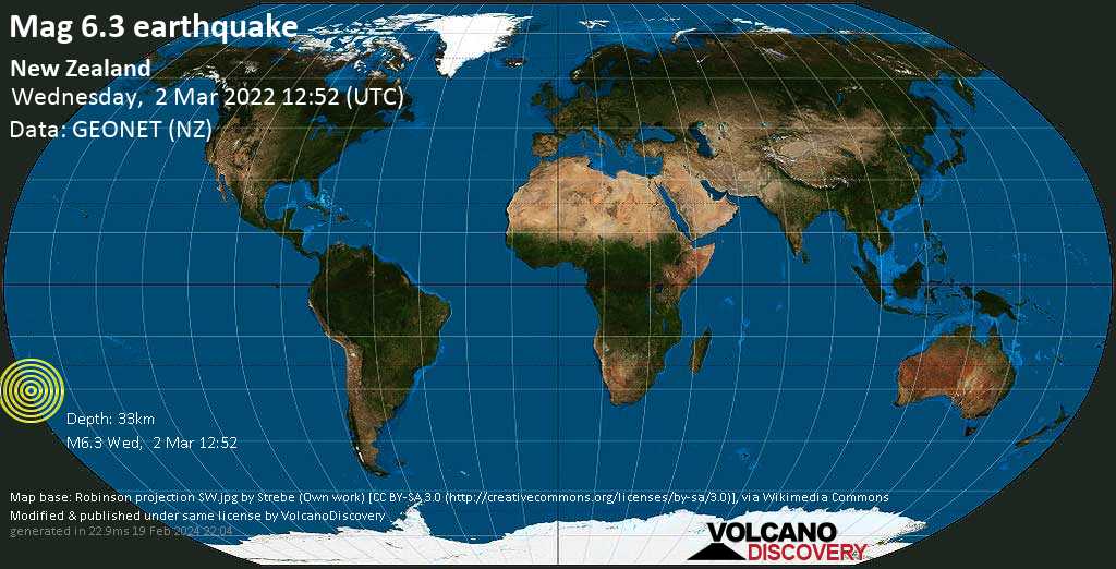 Very strong mag. 6.3 earthquake - South Pacific Ocean, New Zealand, on Wednesday, Mar 2, 2022 at 12:52 am (GMT -12)