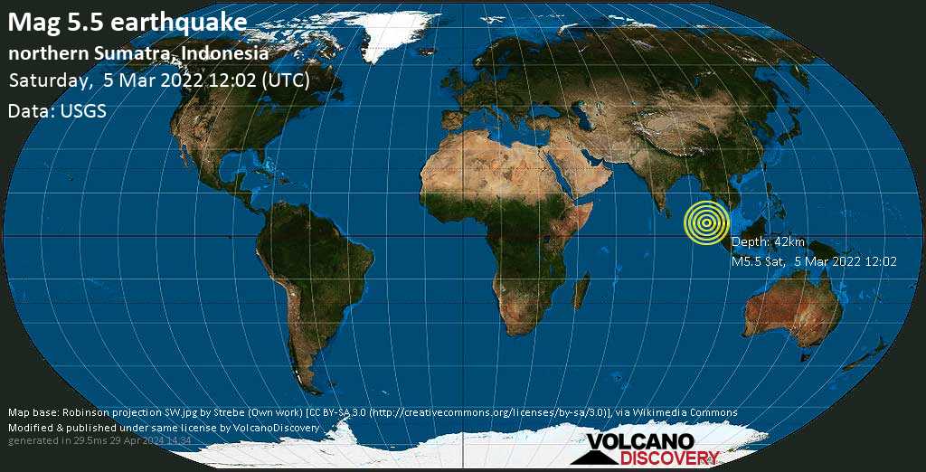 Séisme modéré mag. 5.5 - Océan Indien, 103 km au sud de Banda Aceh, Indonésie, samedi,  5 mars 2022 18:02 (GMT +6)