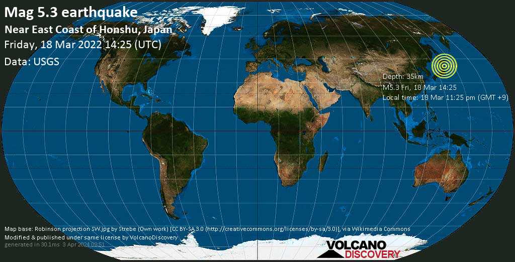 Moderate mag. 5.3 earthquake - North Pacific Ocean, 54 km southeast of Hachinohe, Aomori, Japan, on Friday, Mar 18, 2022 at 11:25 pm (GMT +9)
