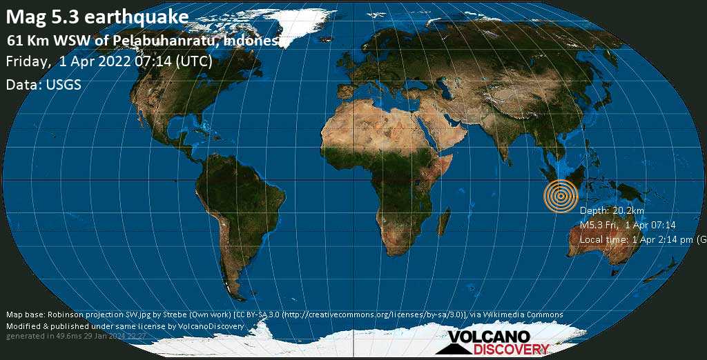 Strong mag. 5.3 earthquake - Indian Ocean, 61 km southwest of Pelabuhanratu, West Java, Indonesia, on Friday, Apr 1, 2022 at 2:14 pm (GMT +7)