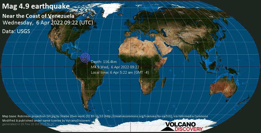 Earthquake information: Light Mag.  4.9 earthquake – Caribbean Sea, 60 km east of Carobano, MUNICIPIO Bermudez, Sucre, Venezuela, on Wednesday, April 6, 2022 at 5:22 am (GMT -4)