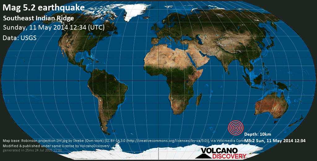 Moderate mag. 5.5 earthquake - Southeast Indian Ridge on Sunday, 11 May 2014