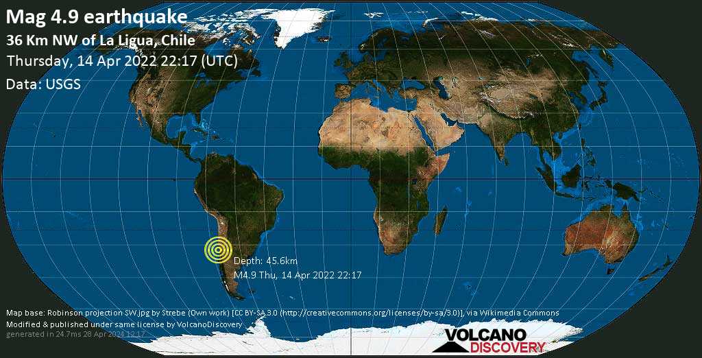 Información del terremoto: Magn. promedio.  Sismo de 4,9 – Región de Coquimbo, 37 km al noroeste de La Ligua, Provincia de Pitorca, Región de Valparaíso, Chile, jueves 14 de abril de 2022 a las 18:17 (GMT -4)