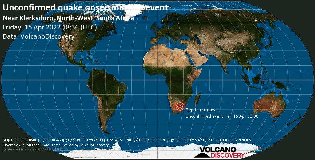 Unconfirmed earthquake or seismic-like event: 1.5 km southwest of Stilfontein, South Africa, Friday, Apr 15, 2022 at 8:36 pm (GMT +2)