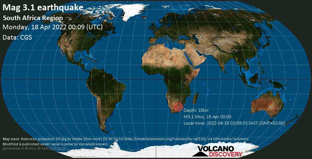 Light mag. 3.1 earthquake - 11 km north of Virginia, South Africa, on 2022-04-18 02:09:53 SAST (GMT+02:00)