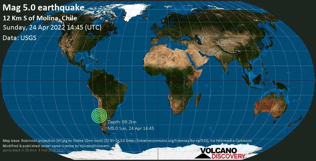Información del terremoto: Magn. promedio.  El sismo 5.0 – 40 km al noreste de Talca, región del Maule, Chile, el domingo 24 de abril de 2022 a las 10:45 am (GMT -4)