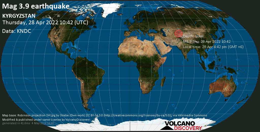 Terremoto moderado mag. 3.9 - 67 km S of Osh, Kyrgyzstan, jueves, 28 abr 2022 16:42 (GMT +6)