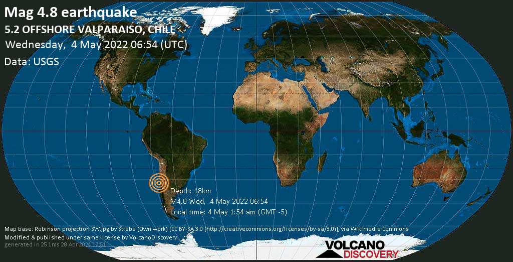 Información del terremoto: Magn. promedio.  Terremoto de 4.8 – Océano Pacífico Sur, 93 km al norte de Valparaíso, región de Valparaíso, Chile, el miércoles 4 de mayo de 2022 a las 1:54 am (GMT -5)