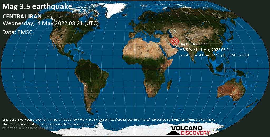 Séisme faible mag. 3.5 - 53 km au nord de Bāfq, Bafgh, Yazd Province, Iran, mercredi,  4 mai 2022 12:51 (GMT +4:30)