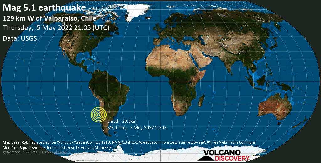 Información del terremoto: mag fuerte.  Terremoto de 5.1 – Océano Pacífico Sur, 132 km al oeste de Valparaíso, región de Valparaíso, Chile, el jueves 5 de mayo de 2022 a las 16:05 (GMT -5)