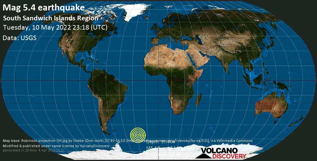 Moderate mag. 5.4 earthquake - South Atlantic Ocean, South Georgia & South Sandwich Islands, on Tuesday, May 10, 2022 at 9:18 pm (GMT -2)
