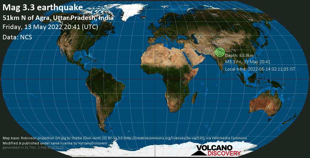 Слабое землетрясение маг. 3.3 - 13 km к западу от Hāthras, Индия, Суббота, 14 мая 2022 02:11 (GMT +5:30)