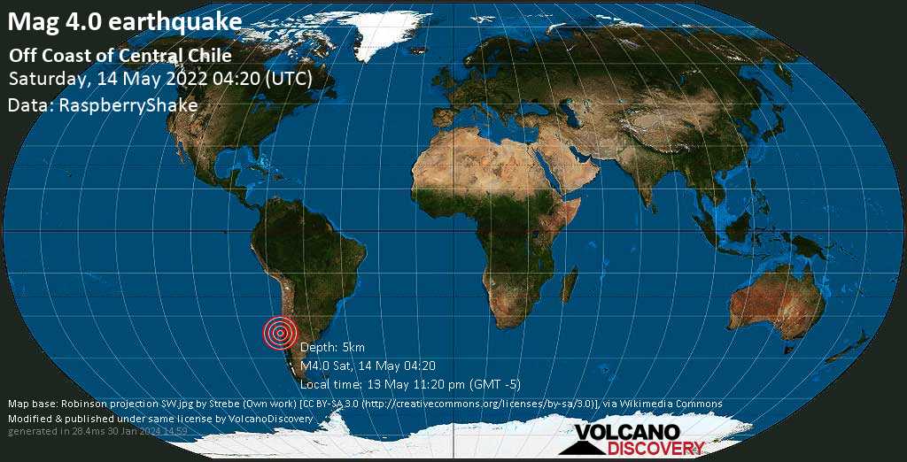 Moderate mag. 4.0 earthquake - South Pacific Ocean, 95 km southwest of Constitucion, Talca, Maule Region, Chile, on Friday, May 13, 2022 at 11:20 pm (GMT -5)