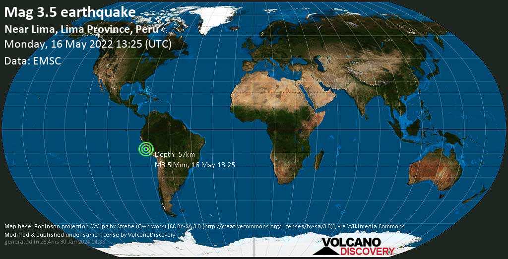Weak mag. 3.5 earthquake - South Pacific Ocean, 32 km south of Lima, Peru, on Monday, May 16, 2022 at 8:25 am (GMT -5)