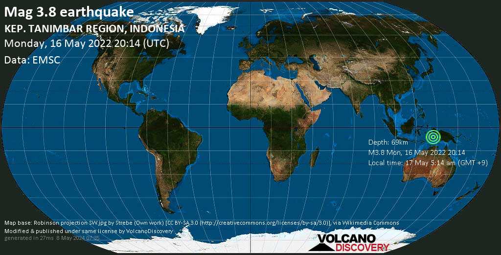 Weak mag. 3.8 earthquake - Banda Sea, 133 km southwest of Tual, Maluku, Indonesia, on Tuesday, May 17, 2022 at 5:14 am (GMT +9)
