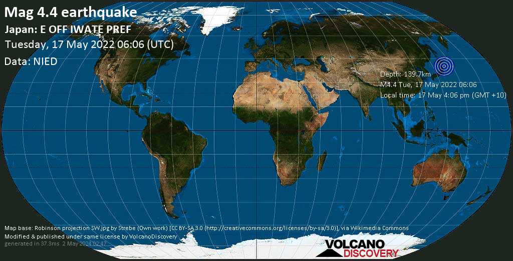 Light mag. 4.4 earthquake - North Pacific Ocean, 72 km east of Miyako, Iwate, Japan, on Tuesday, May 17, 2022 at 4:06 pm (GMT +10)
