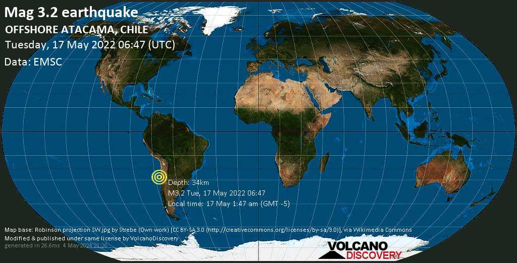 Weak mag. 3.2 earthquake - South Pacific Ocean, 90 km northwest of Vallenar, Huasco, Atacama, Chile, on Tuesday, May 17, 2022 at 1:47 am (GMT -5)