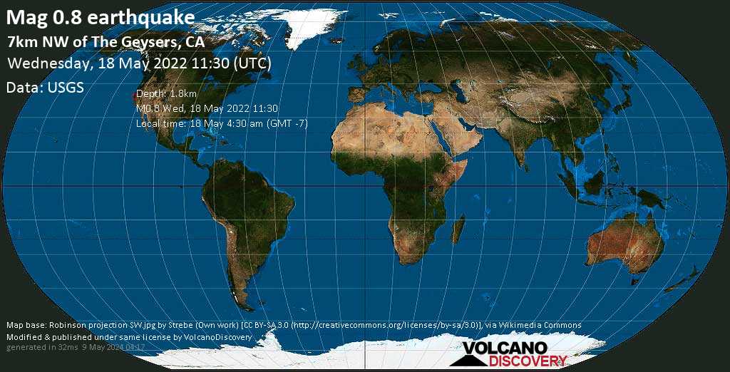 Sismo muy débil mag. 0.8 - 7km NW of The Geysers, CA, miércoles, 18 may 2022 04:30 (GMT -7)