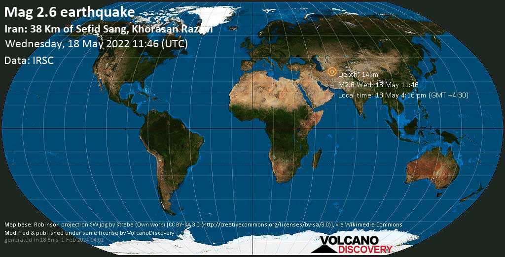 Séisme très faible mag. 2.6 - 57 km au nord de Turbat-i-Shaikh Jam, Khorasan-e Razavi, Iran, mercredi, 18 mai 2022 16:16 (GMT +4:30)