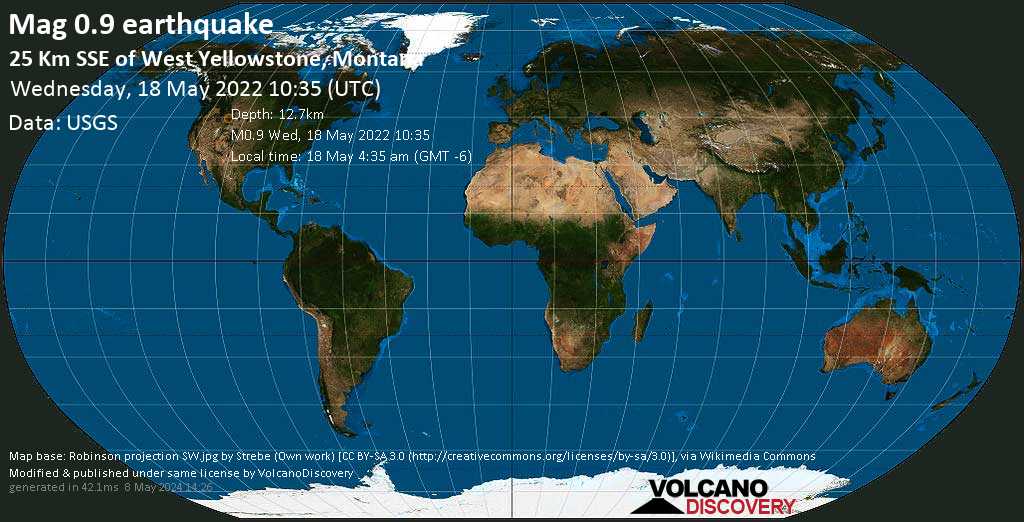 Minor mag. 0.9 earthquake - 25 Km SSE of West Yellowstone, Montana, on Wednesday, May 18, 2022 at 4:35 am (GMT -6)