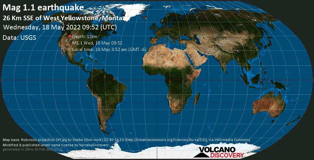 Sismo minore mag. 1.1 - 26 Km SSE of West Yellowstone, Montana, mercoledì, 18 mag 2022 03:52 (GMT -6)
