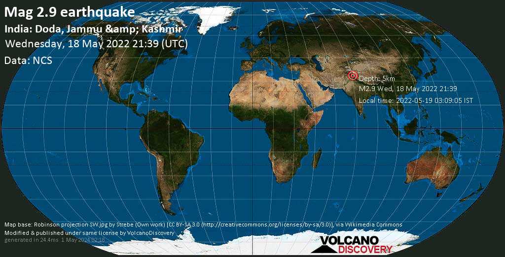 Light mag. 2.9 earthquake - 20 km northwest of Doda, Kashmir, India, on Thursday, May 19, 2022 at 3:09 am (GMT +5:30)