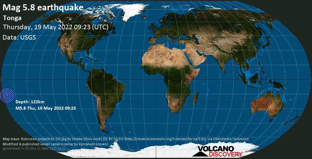 Moderate mag. 5.8 earthquake - South Pacific Ocean, 38 km south of Hihifo, Niuas, Tonga, on Wednesday, May 18, 2022 at 10:23 pm (GMT -11)