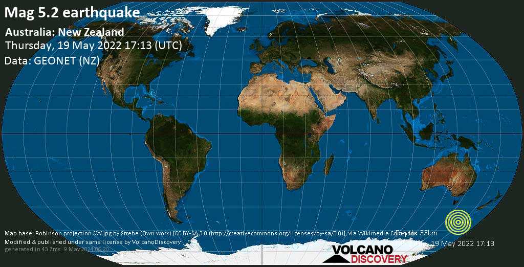 Moderate mag. 5.2 earthquake - South Pacific Ocean, Australia, on Friday, May 20, 2022 at 4:13 am (GMT +11)