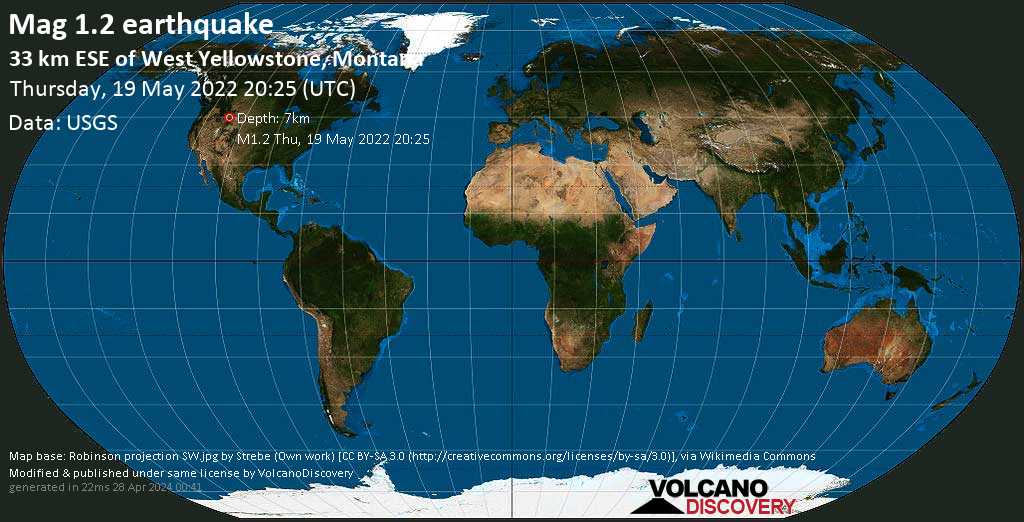 Séisme mineur mag. 1.2 - 33 Km ESE of West Yellowstone, Montana, jeudi, 19 mai 2022 14:25 (GMT -6)