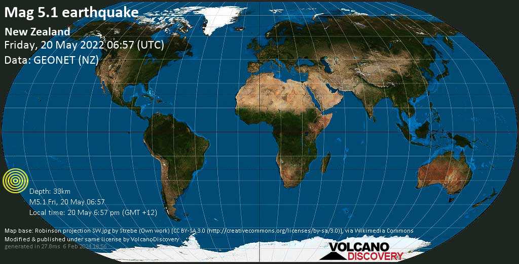 Moderate mag. 5.1 earthquake - South Pacific Ocean, New Zealand, on Friday, May 20, 2022 at 6:57 pm (GMT +12)