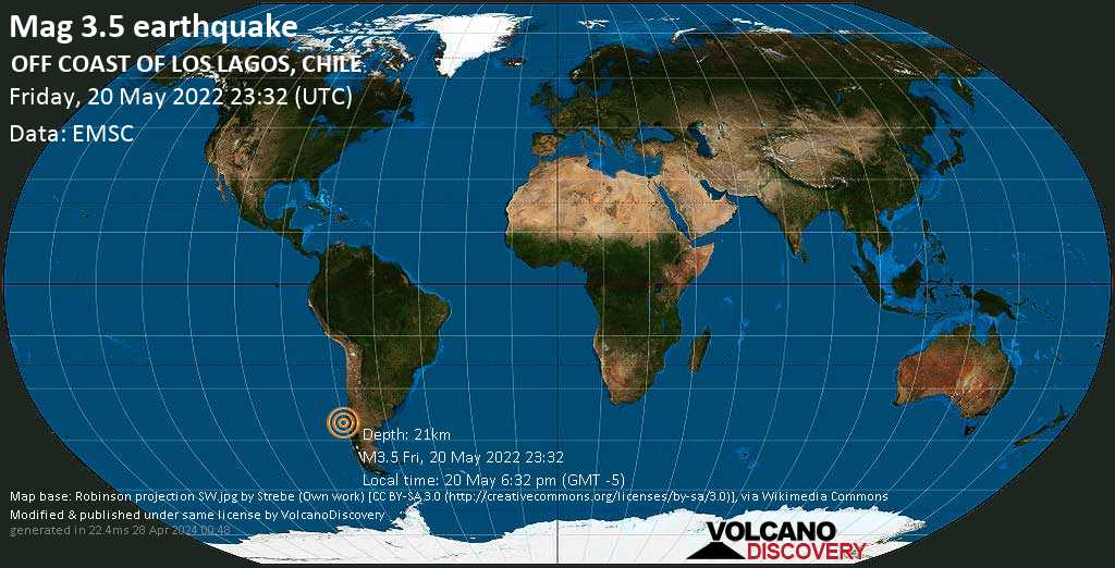 Sismo leggero mag. 3.5 - South Pacific Ocean, 152 km a ovest da Valdivia, Los Rios Region, Cile, venerdì, 20 mag 2022 18:32 (GMT -5)