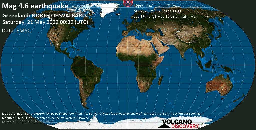Moderate mag. 4.6 earthquake - Arctic Ocean, Greenland, on Saturday, May 21, 2022 at 12:39 am (GMT +0)