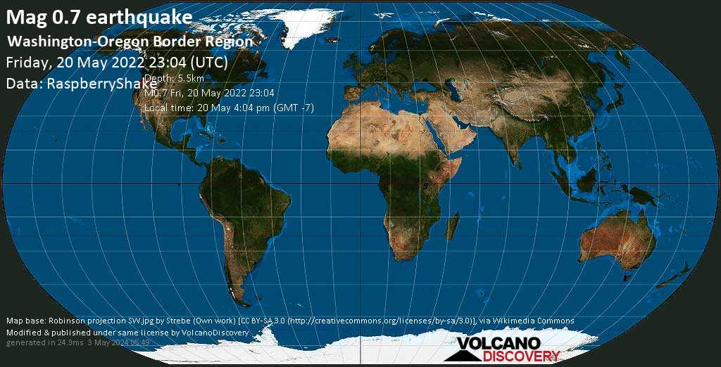 Minor mag. 0.7 earthquake - Washington-Oregon Border Region on Friday, May 20, 2022 at 4:04 pm (GMT -7)