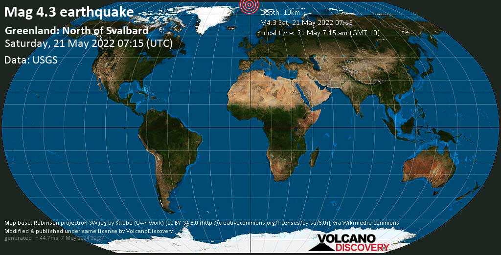 Moderate mag. 4.3 earthquake - Arctic Ocean, Greenland, on Saturday, May 21, 2022 at 7:15 am (GMT +0)