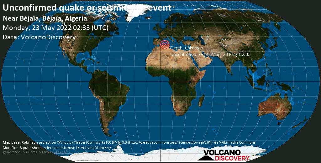 Séisme ou événement semblable à un séisme non confirmé: 1 km au sud-ouest de Béjaïa, Bejaia, Algérie, lundi, 23 mai 2022 03:33 (GMT +1)