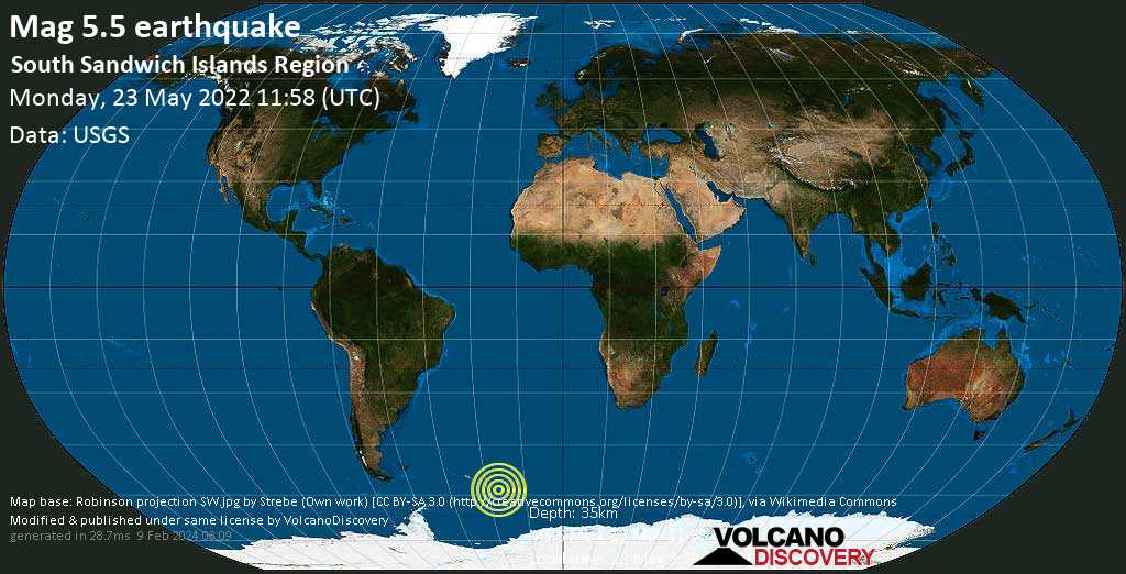 Strong mag. 5.5 earthquake - South Atlantic Ocean, South Georgia & South Sandwich Islands, on Monday, May 23, 2022 at 9:58 am (GMT -2)